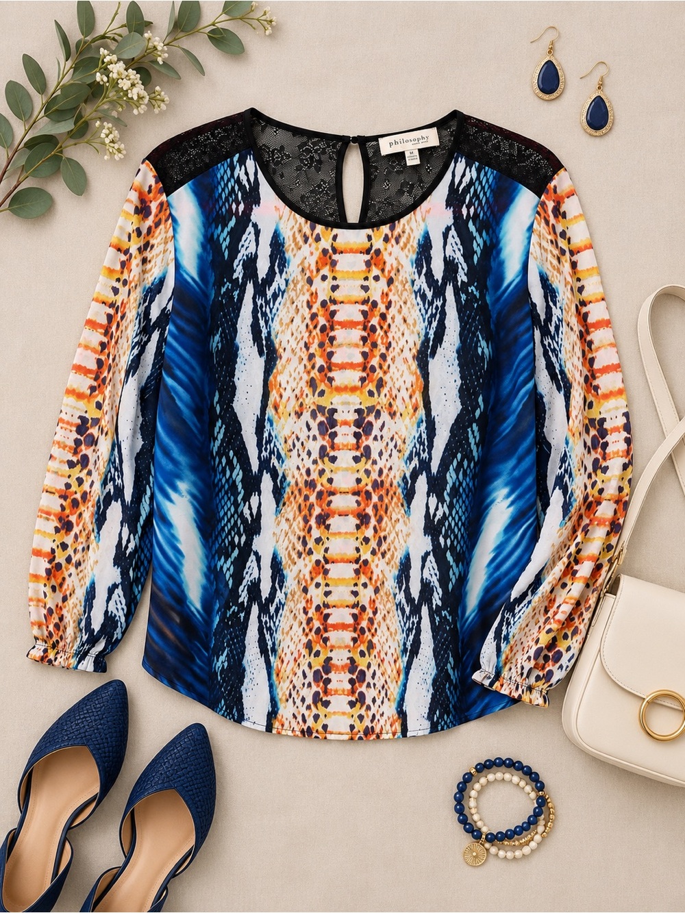 Philosophy Blue & Orange Mixed Print Lace Detail Blouse Size Medium